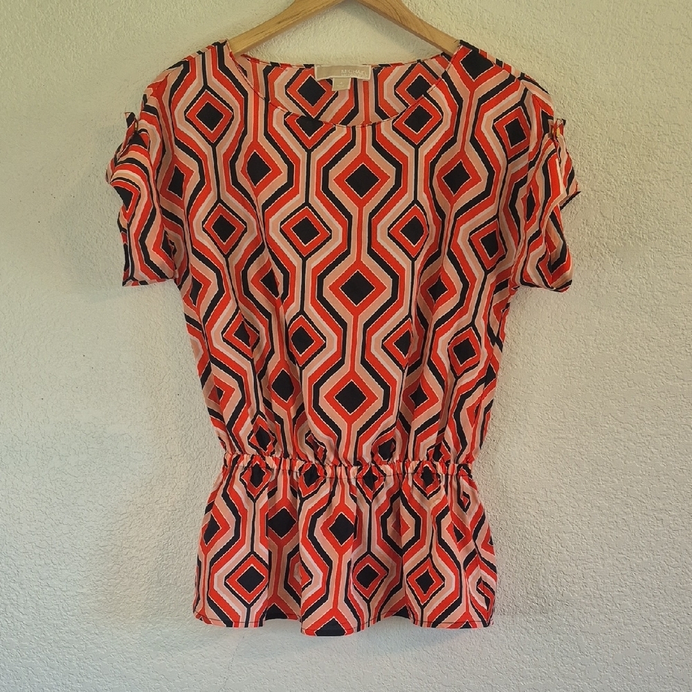 Michael Kors Pink Red Blue White Geometric Shape Ruched Short Sleeve Blouse Sz 4